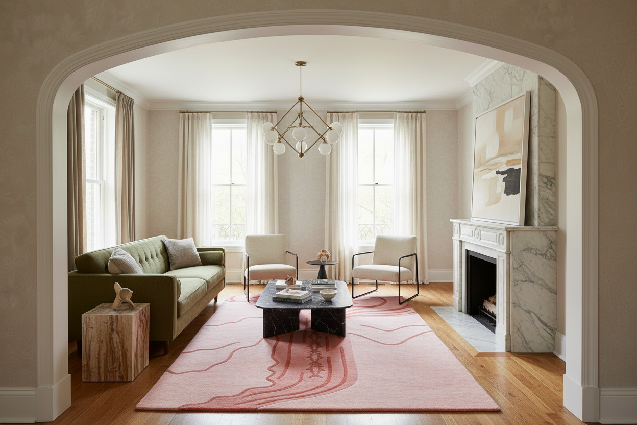 Living room with a green sofa, coffee table, and pink rug.
