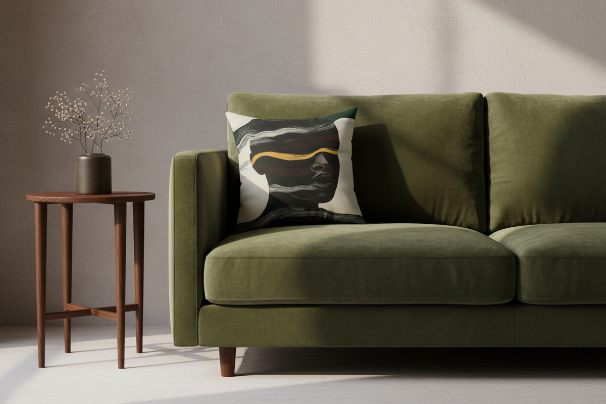 An olive green velvet sofa in a modern living room setting, featuring a square throw pillow with an abstract black, white, and gold design. A small wooden side table with a vase of dried branches sits to the left against a textured gray wall.
