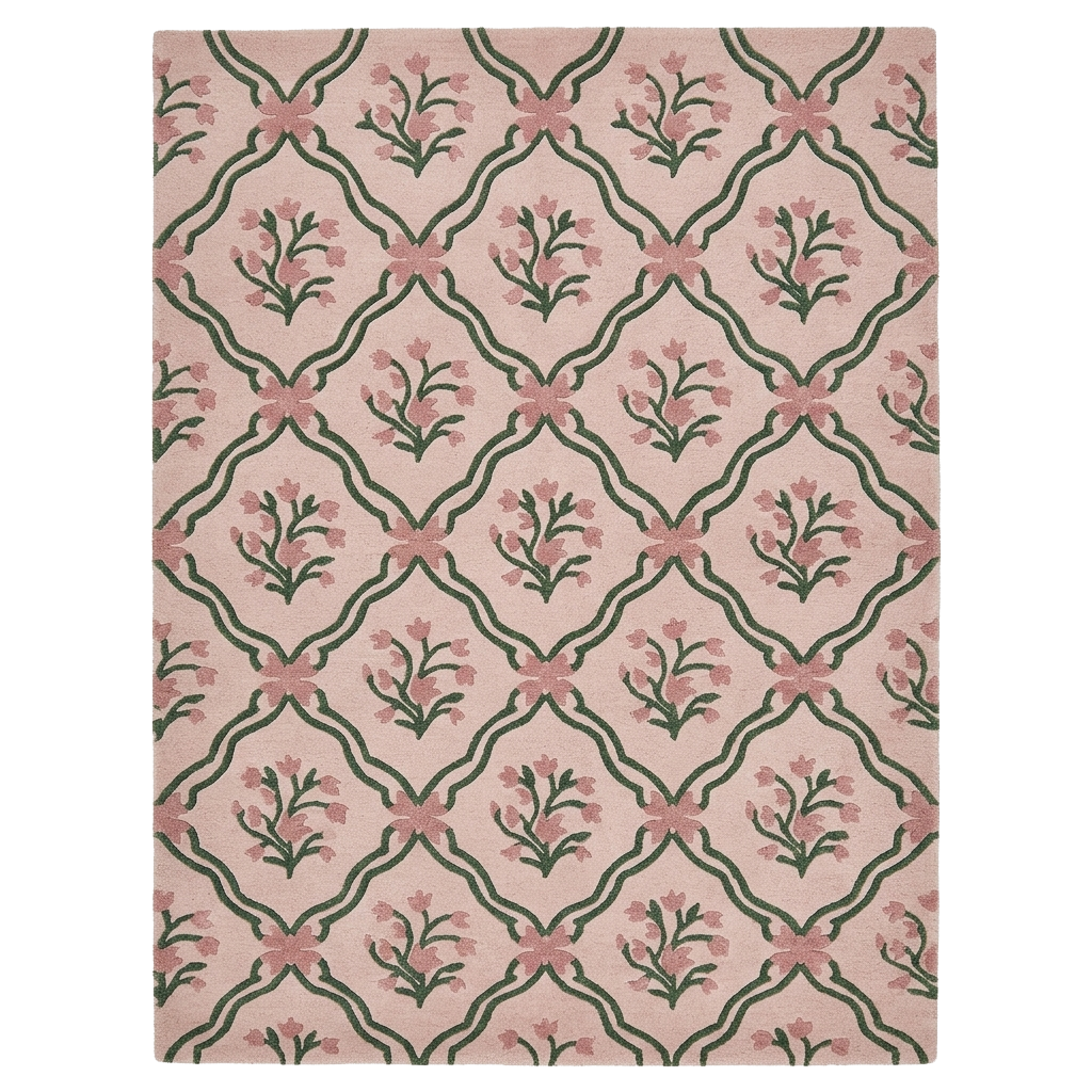 Wavy Green Lattice Floral Hand Tufted Rug