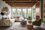 Modern living room with a sectional sofa, chairs, pink floral rug, and decorative elements.