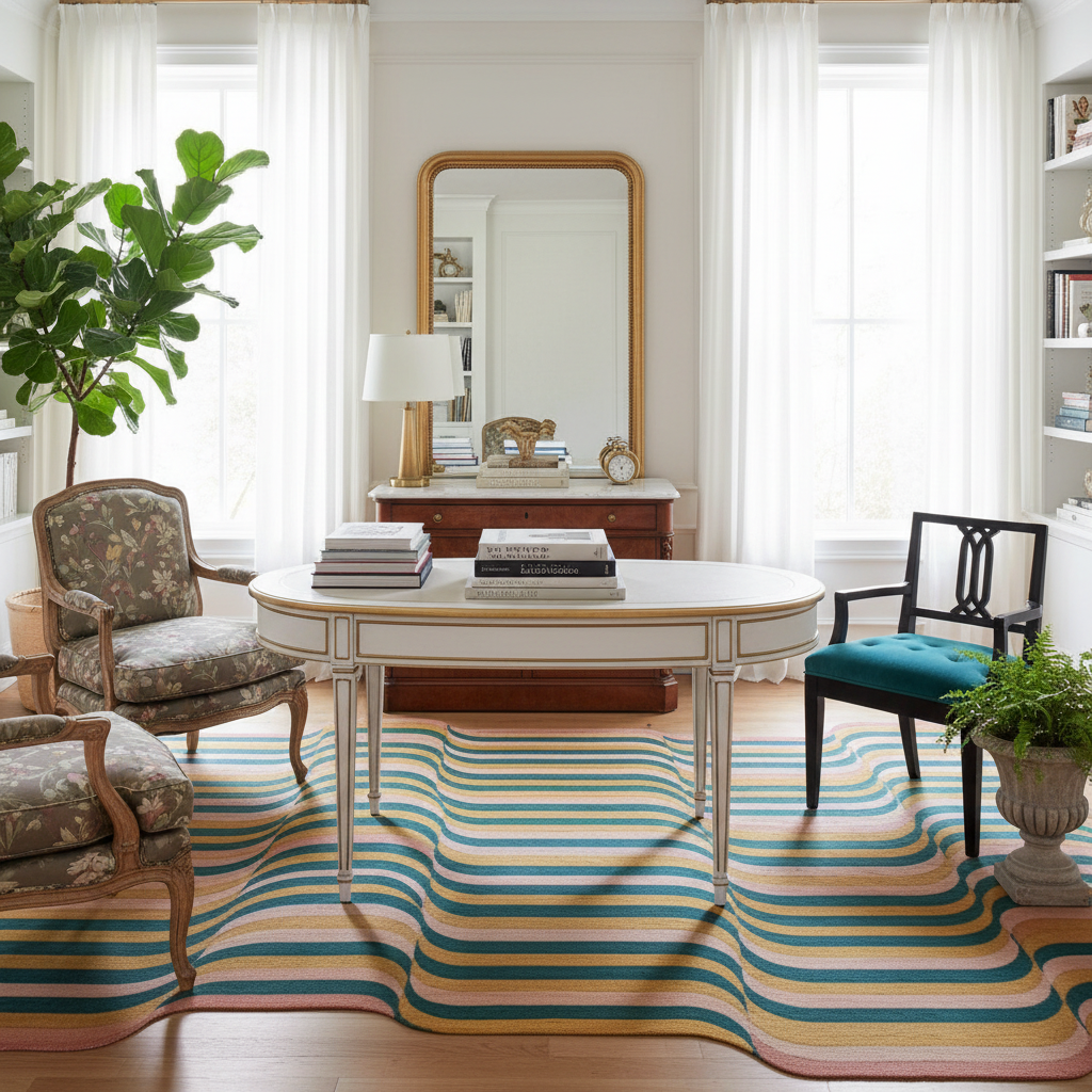 Living room with a colorful striped rug, chairs, and a mirror.