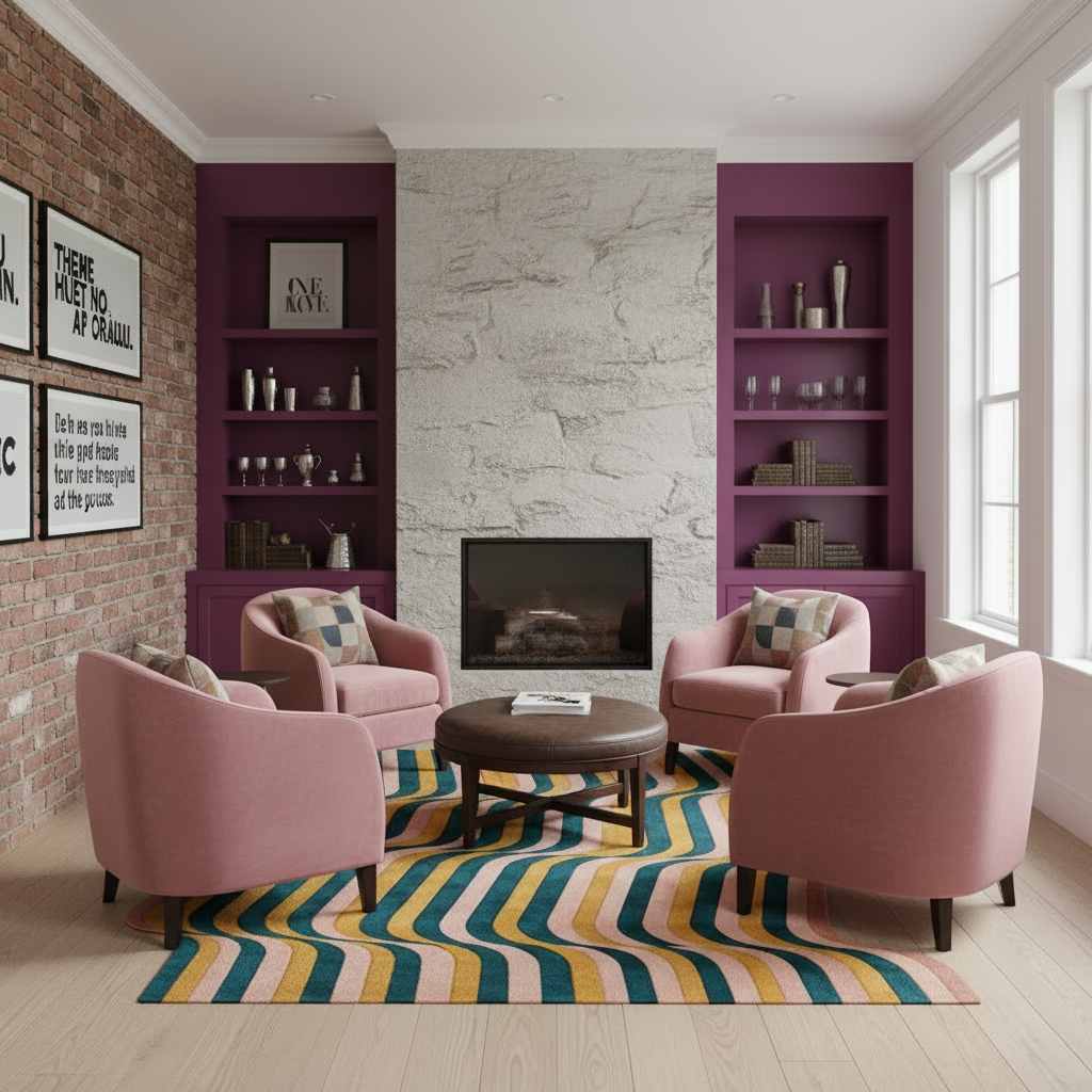 Living room with pink chairs, a round table, and colorful rug.