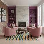 Living room with pink chairs, a round table, and colorful rug.
