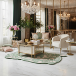 Luxurious living room with a chandelier, floral arrangements, and decorative rug.