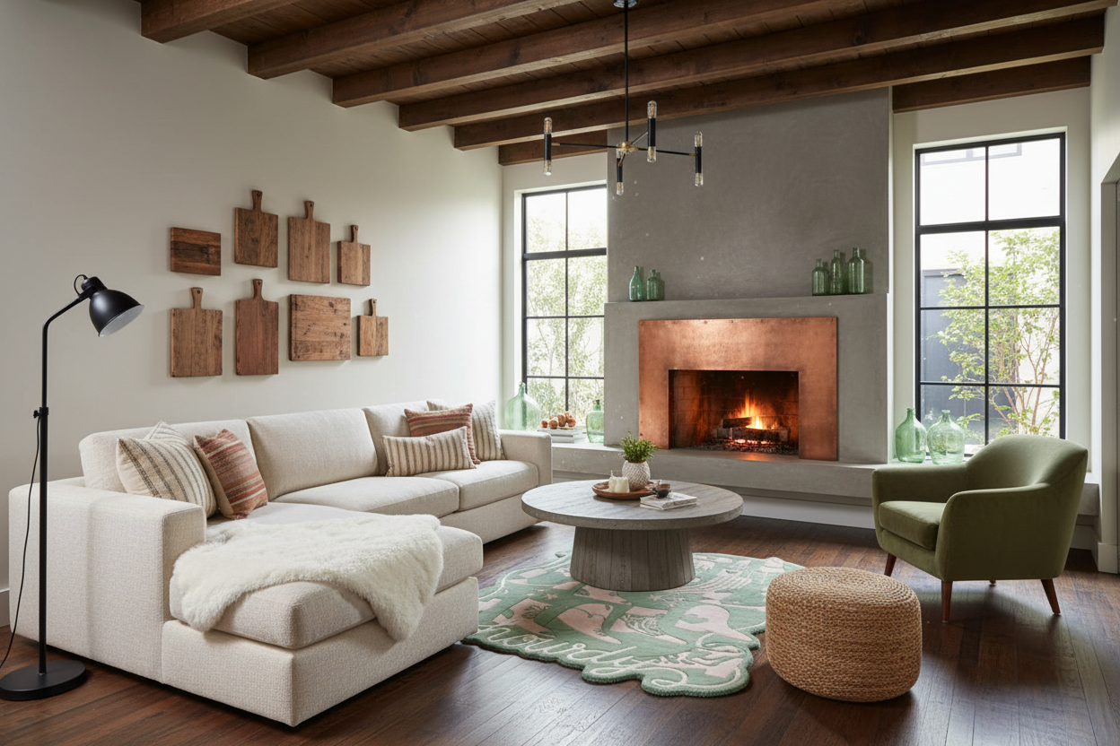 Modern living room with a fireplace, white sofa, and decorative rug.