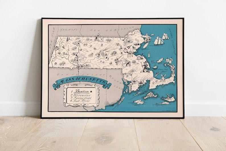 Wheaton College 1930 Map Wall Print| Framed Art Print Map of State of Massachusetts| Vintage Massachusetts Map Print 
