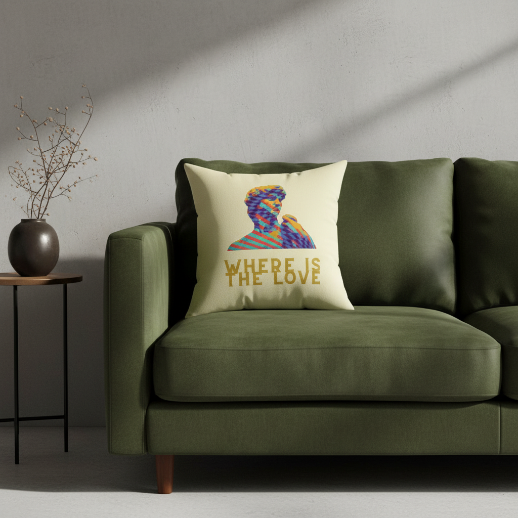 A cream throw pillow with a colorful graphic of a woman's profile and the text 'WHERE LOVE' in gold, styled on a beige armchair in a bright, modern living room setting.