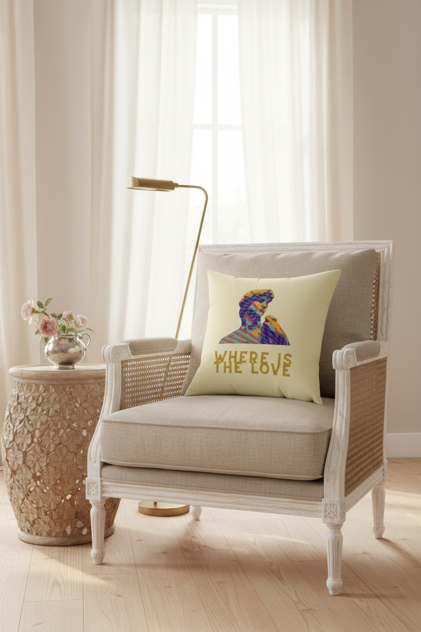 A cream throw pillow with a colorful graphic of a woman's profile and the text 'WHERE LOVE' in gold, styled on a beige armchair in a bright, modern living room setting.