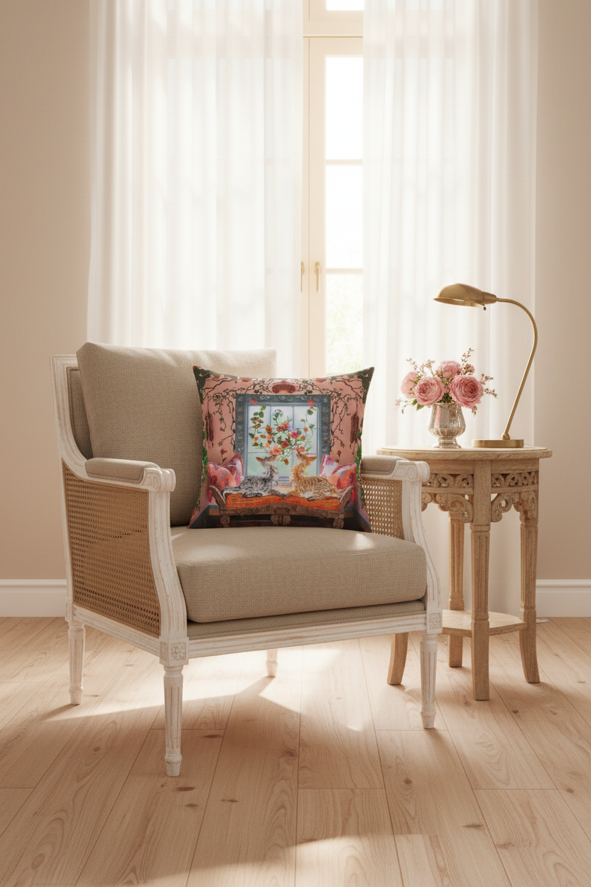 A styled interior scene with a beige upholstered armchair featuring a colorful decorative throw pillow, placed beside a carved wooden side table with a lamp and flowers in a softly lit room.