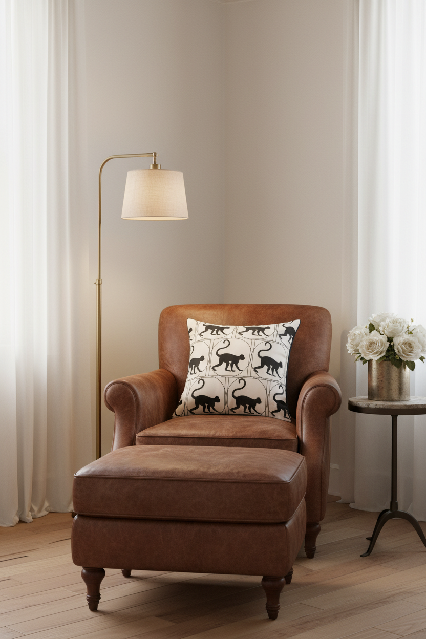 A brown leather armchair with a matching ottoman in a softly lit room, styled with a cream pillow featuring a black cat pattern. A gold floor lamp stands to the left, and a small side table with white flowers is on the right.