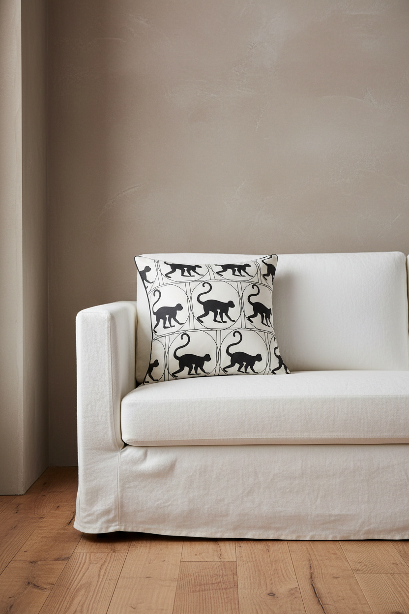 A brown leather armchair with a matching ottoman in a softly lit room, styled with a cream pillow featuring a black cat pattern. A gold floor lamp stands to the left, and a small side table with white flowers is on the right.