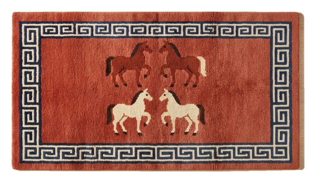 Wild Horses Meander Hand Knotted Rug — red, black, cream chinoiserie rug by Maia Homes on a white background