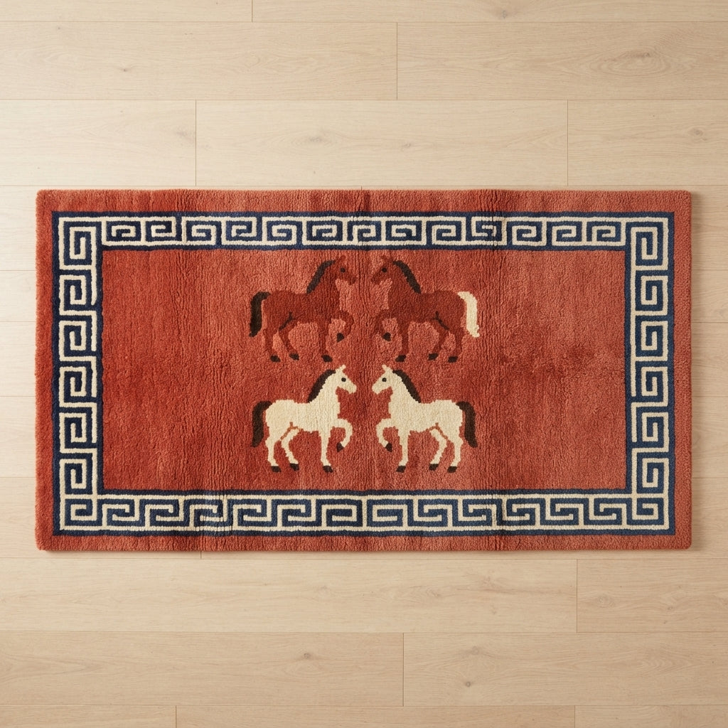 Wild Horses Meander Hand Knotted Rug — red, black, cream chinoiserie rug by Maia Homes