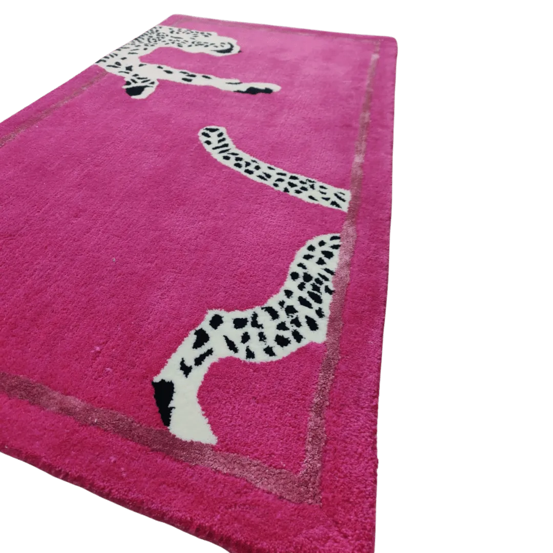 Walking Wild Cat Leopard on Silk Road Hand Tufted Wool Rug - Pink