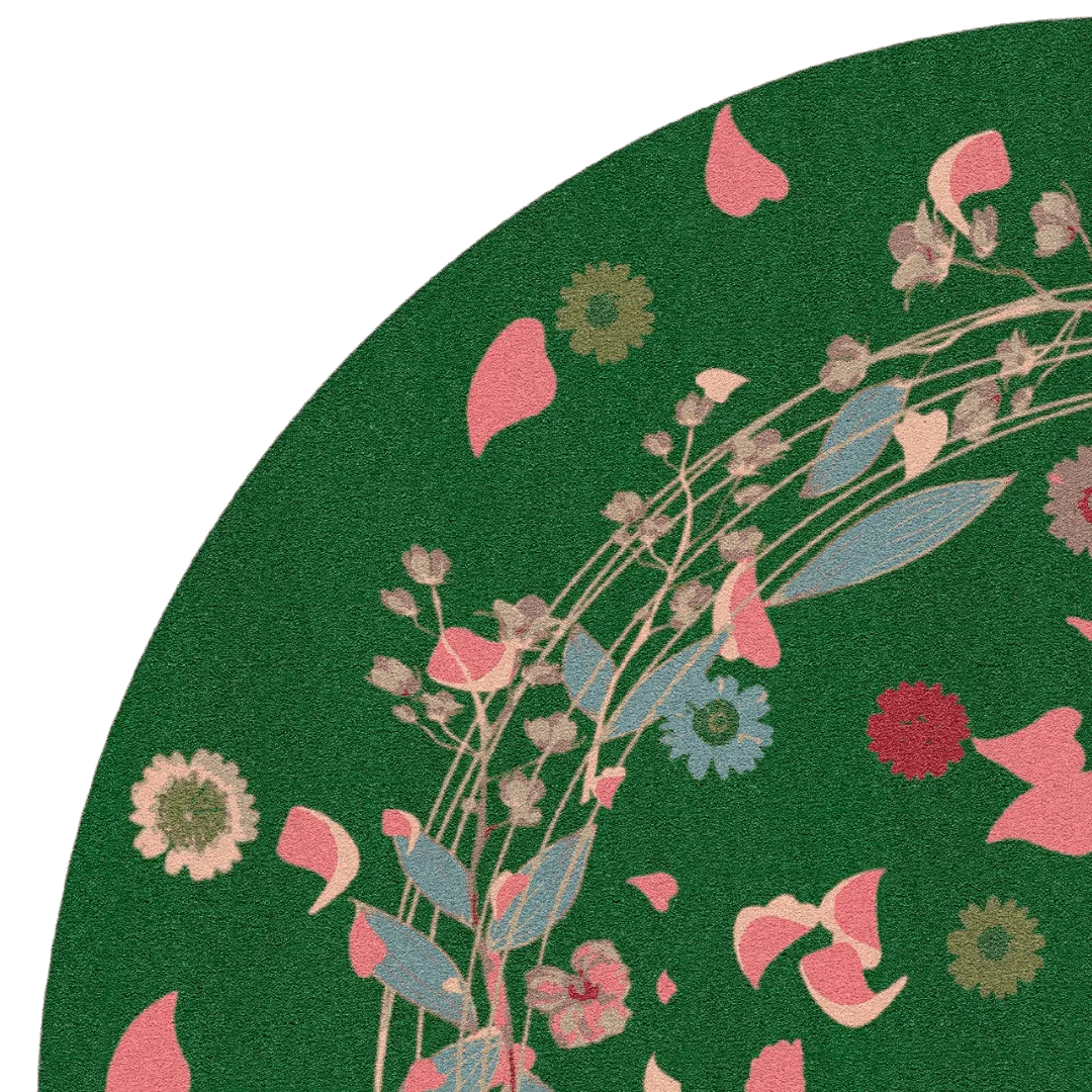 Wild Flowers Birds Round Hand Tufted Rug - Green