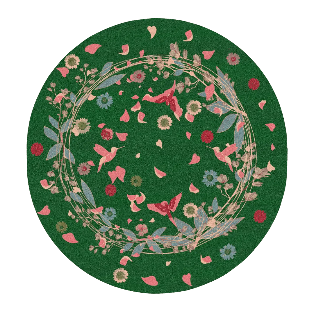 Wild Flowers Birds Round Hand Tufted Rug - Green