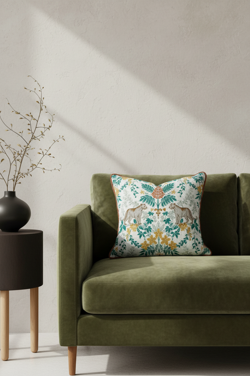 A decorative throw pillow with a detailed botanical and animal pattern, styled on a cream-colored fabric sofa against a textured beige wall.