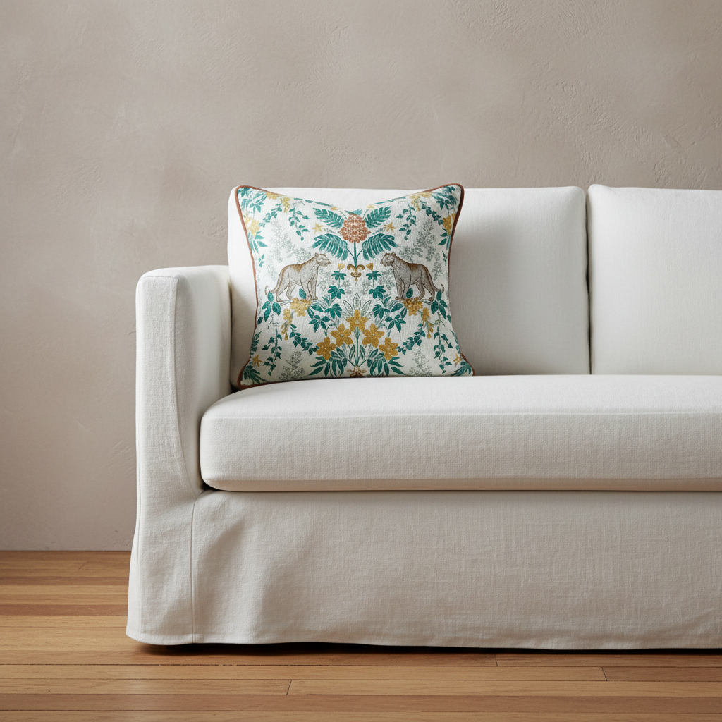 A decorative throw pillow with a detailed botanical and animal pattern, styled on a cream-colored fabric sofa against a textured beige wall.