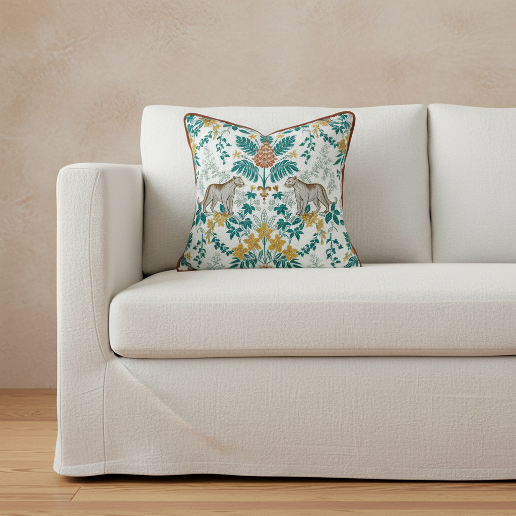 A decorative throw pillow with a detailed botanical and animal pattern, styled on a cream-colored fabric sofa against a textured beige wall.