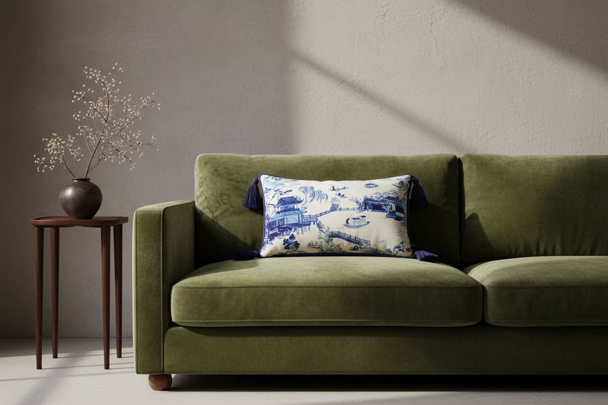 An olive green velvet sofa in a styled room setting, featuring a blue and white toile patterned throw pillow. A small wooden side table with a dark vase of dried branches stands to the left against a textured gray wall with soft diagonal sunlight.