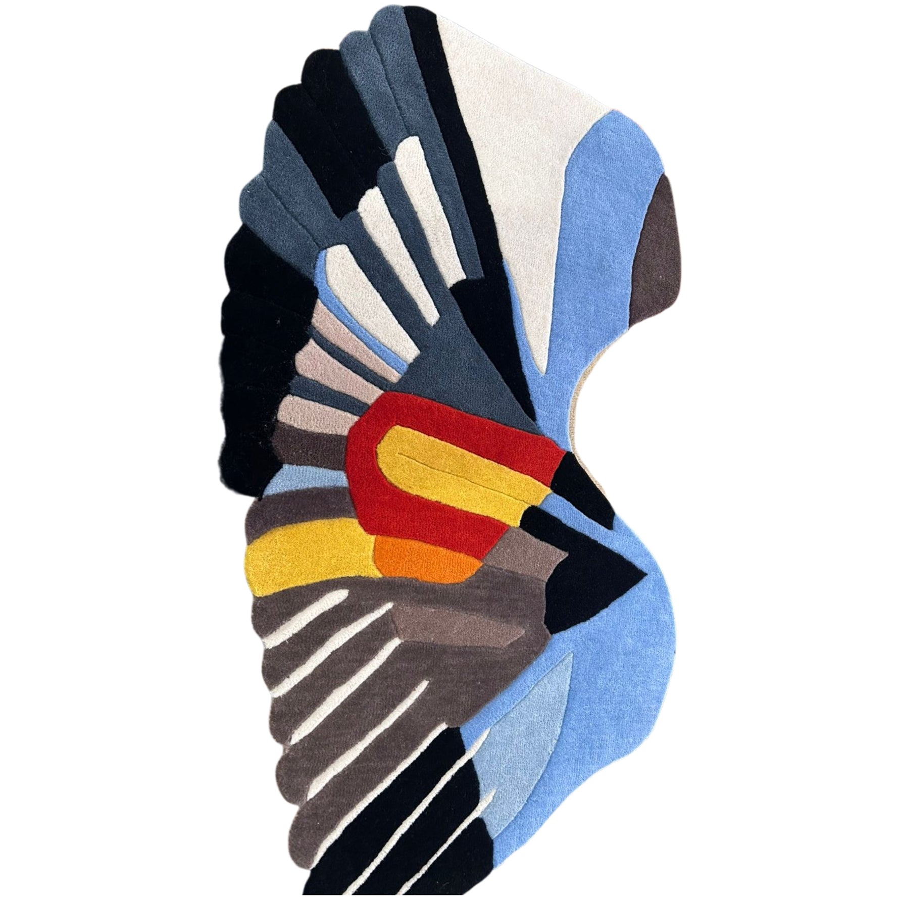 Abstract, irregularly shaped rug featuring a stylized bird design with layered wings in shades of blue, gray, black, and white, accented by a bold red, yellow, and orange center on a light background.