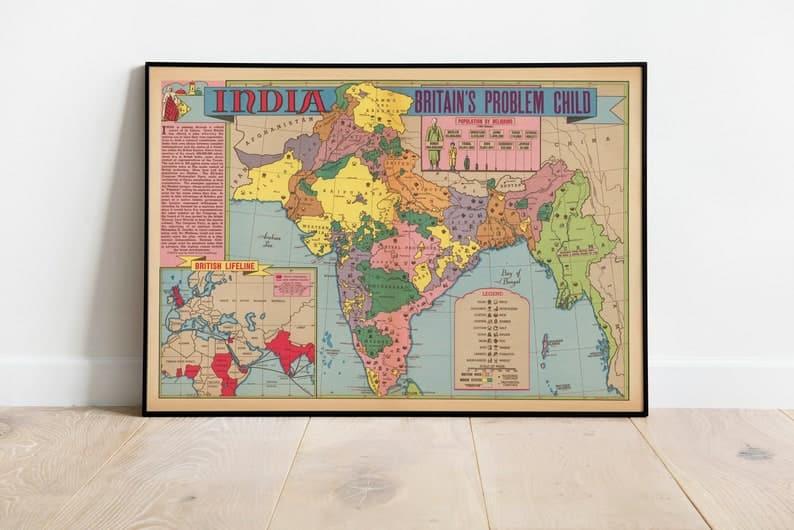 World War 2 Map Print| Poster Print| Philippines Map World War 2 Map Print| Poster Print| Philippines Map India Map Print| Art History| 1946 India Map Wall Art 