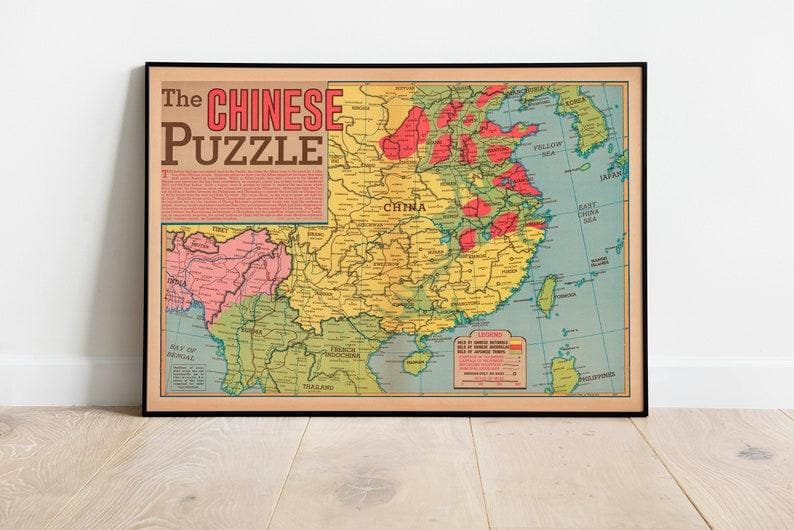 World War 2 Map Print| Poster Print| Southwest Asia China Map Print| Art History| 1945 China Map Wall Art 