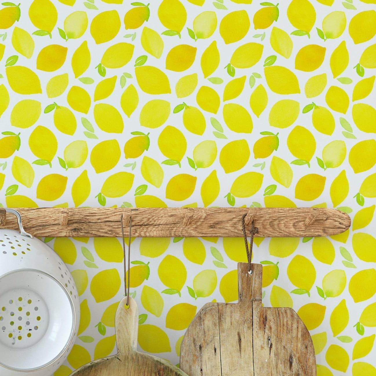 Yellow Avocado Green Leaves Kitchen Wallpaper Watercolor Yellow Lemons Fruit Kitchen Removable Wallpaper 