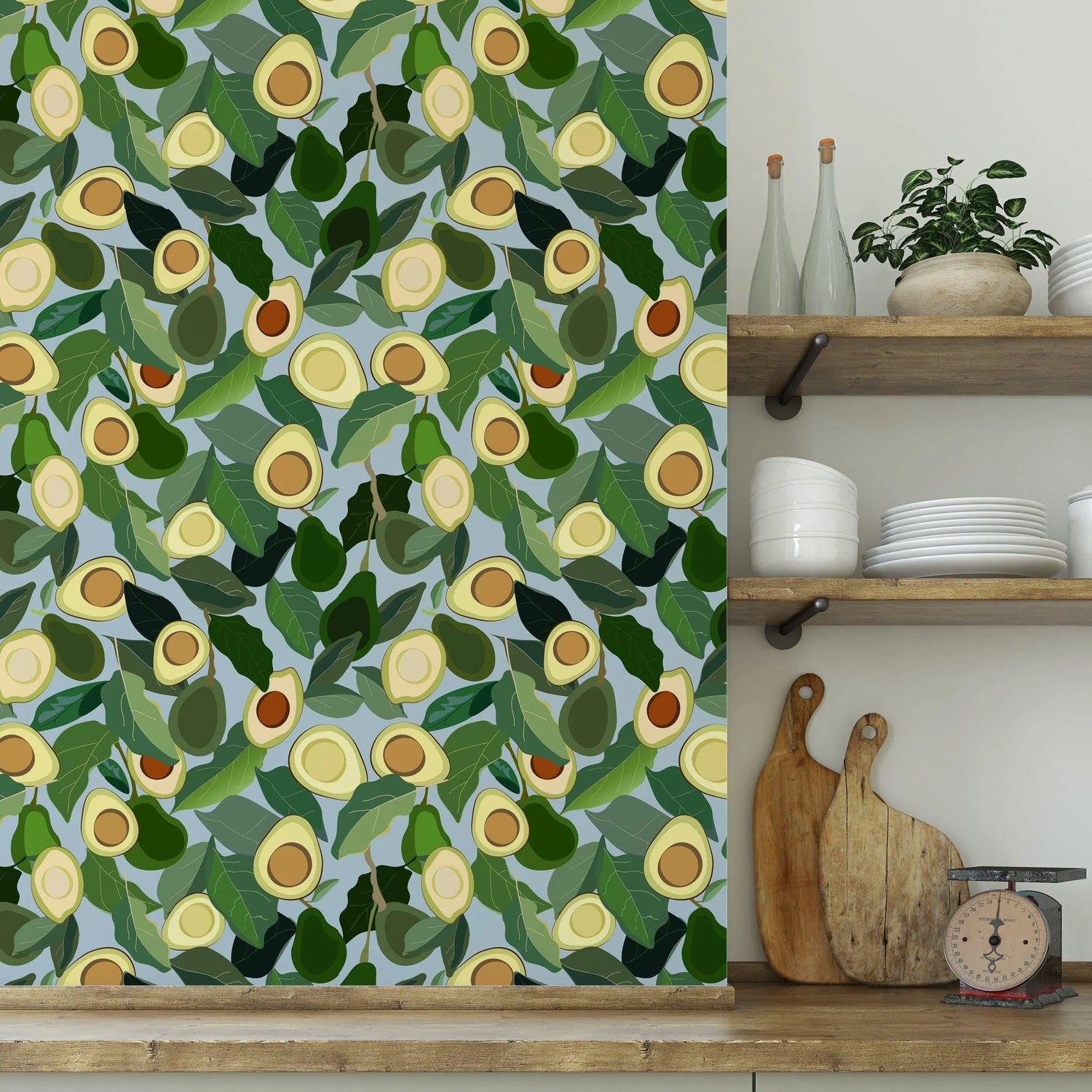 Yellow Avocado Green Leaves Kitchen Wallpaper