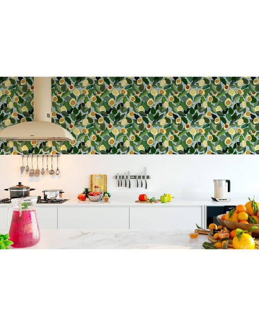 Yellow Avocado Green Leaves Kitchen Wallpaper 