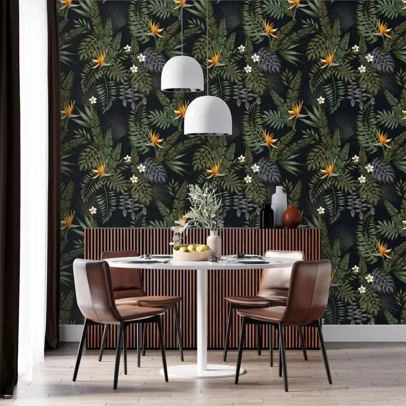 Dark Hawaiian Ferns and Floral Wallpaper