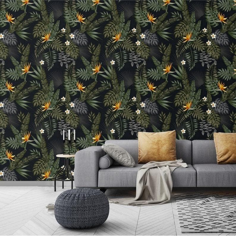 Dark Hawaiian Ferns and Floral Wallpaper