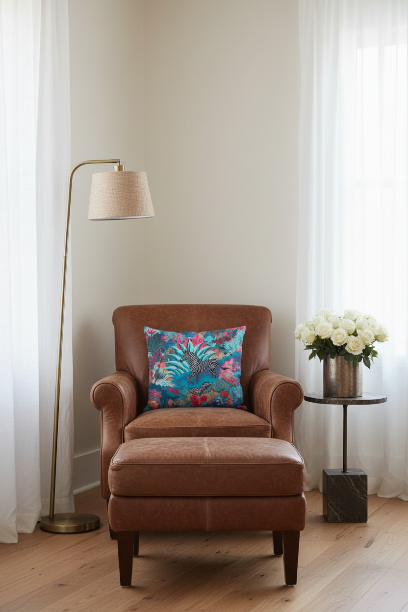 A brown leather armchair with a matching ottoman in a bright room, styled with a colorful tropical floral throw pillow, a gold floor lamp, and a side table with white roses.