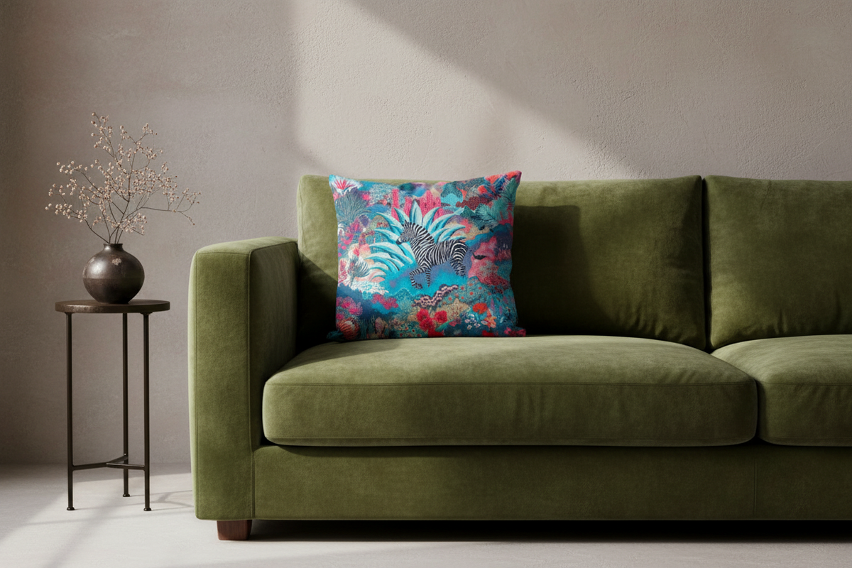 An olive green velvet sofa in a minimalist room setting, styled with a vibrant tropical palm leaf throw pillow and a small side table with a vase of dried branches.