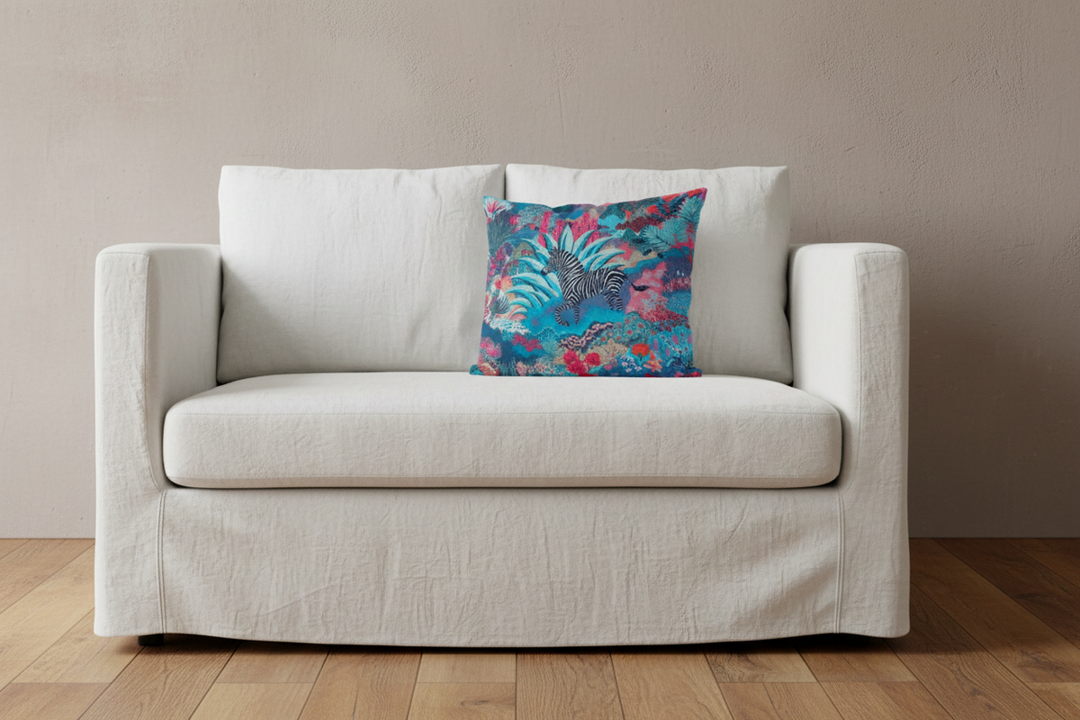 A white slipcovered loveseat sofa with a colorful tropical leaf patterned accent pillow, set against a neutral beige wall and light wood floor.
