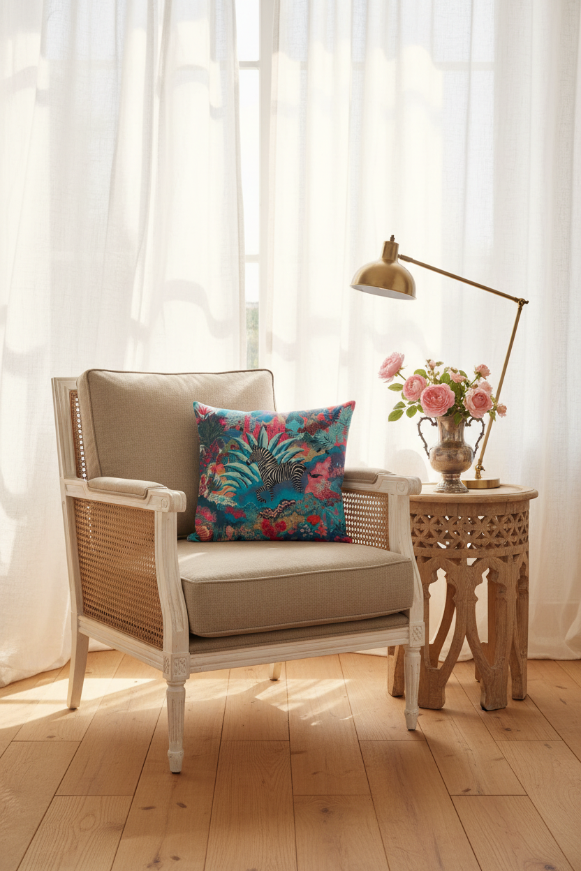 A beige upholstered armchair with woven cane sides sits in a bright room with sheer white curtains, a wooden side table, a brass floor lamp, and a colorful floral throw pillow.