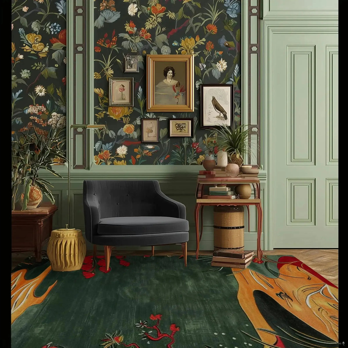 A beautifully styled living room featuring the Path to Paradise Hand Tufted Area Rug. This contemporary wool rug, with its vibrant abstract design, complements the elegant floral wallpaper and classic dark chair. Perfect for a dining room or formal dining room, this rug adds a touch of sophistication and warmth.