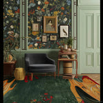 A beautifully styled living room featuring the Path to Paradise Hand Tufted Area Rug. This contemporary wool rug, with its vibrant abstract design, complements the elegant floral wallpaper and classic dark chair. Perfect for a dining room or formal dining room, this rug adds a touch of sophistication and warmth.