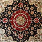 A stunning Royal Persian Hand Knotted Area Rug featuring intricate floral patterns in rich red, black, and cream hues. This vintage square area rug is perfect for enhancing the elegance of your dining room or living room. Made from high-quality wool, this Persian rug showcases traditional craftsmanship ideal for those seeking dining room area rugs with timeless design.