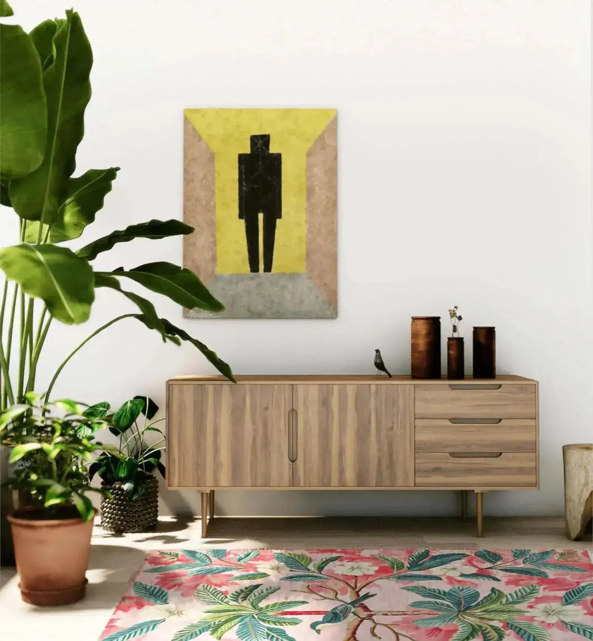 A stylish living room featuring the Ethereal Bloom Hand Tufted Area Rug. This wool rug with vibrant floral patterns adds a touch of elegance to the space, perfect for both office settings and large living rooms. The rug harmonizes with the modern wooden sideboard, decorative plants, and abstract wall art, creating a cozy yet sophisticated atmosphere.