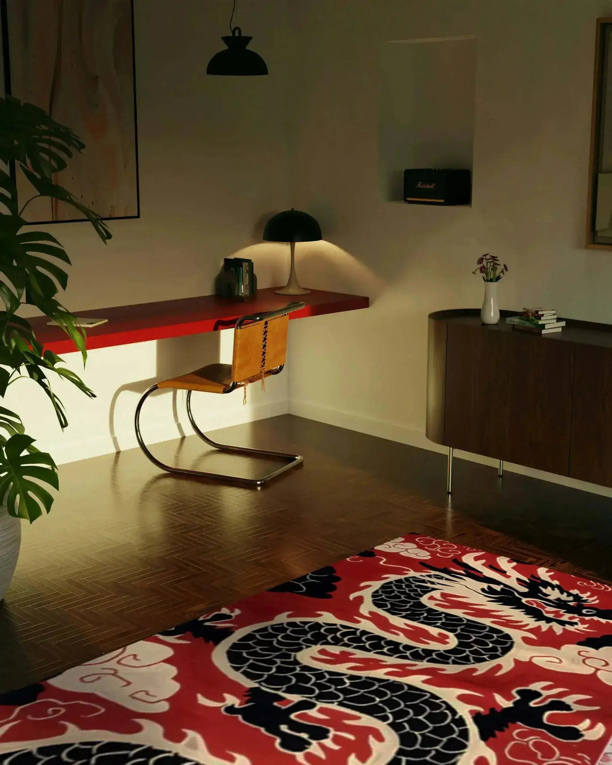 A stylish office setting featuring a Scarlet Shadow Dragon Hand Tufted Area Rug with a bold dragon design in rich red, black, and white. Ideal for adding flair to office spaces, this wool rug serves as a striking piece among large area rugs for living rooms or offices.