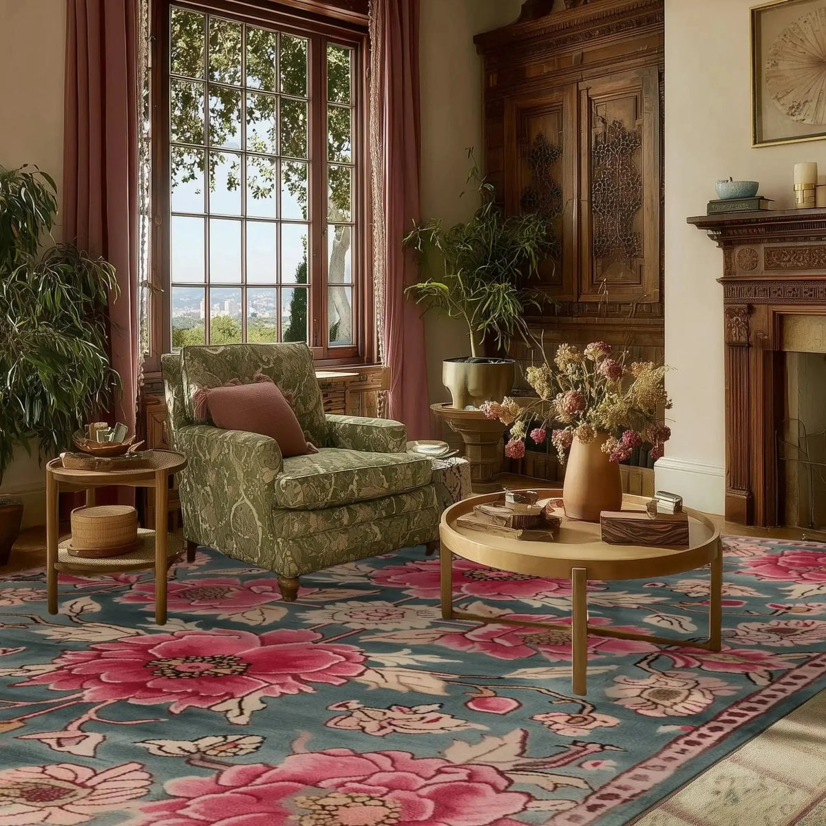A vibrant Blossom Medley Hand Tufted Area Rug adding a burst of color to a cozy living room. This large wool rug features bold floral patterns in shades of pink and blue, perfect for enhancing both living room and dining room spaces. The rug's intricate design complements the classic decor and wooden furniture, making it an ideal choice for dining room settings.