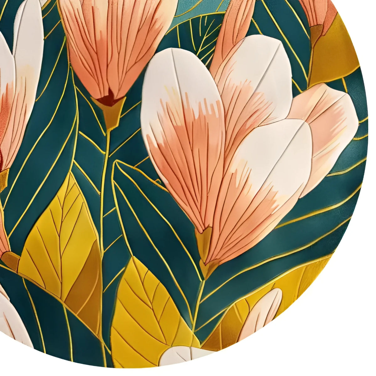 A vibrant Floral Vineyard Hand Tufted Round Rug showcasing elegant pink and white flowers with lush green leaves. Perfect as a centerpiece for bedrooms or living rooms, this wool rug adds a touch of nature-inspired beauty to any space, fitting seamlessly with living room rugs 8x10 and enhancing the decor with its floral pattern.