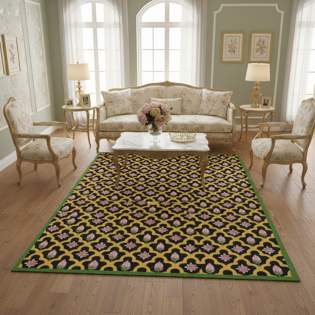 Gold Border Scallop and Lotus Hand Tufted Rug - Black