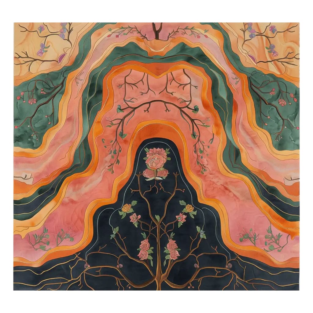 Top view of the Abstract Artistry Hand Tufted Wool Rug featuring a vibrant, colorful design with intricate floral and wavy patterns, perfect as an area rug for modern interiors.