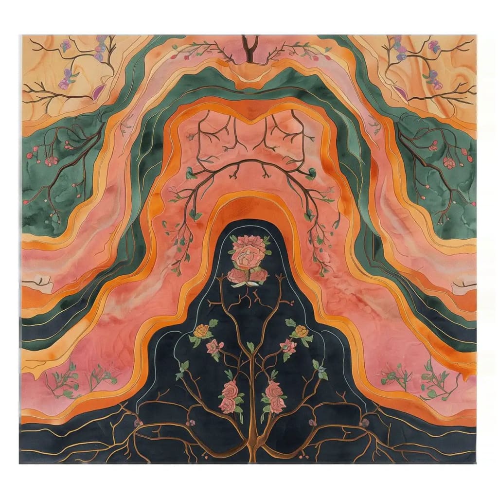 Top view of an Abstract Artistry Hand Tufted Wool Area Rug featuring colorful, wavy patterns and intricate floral designs.