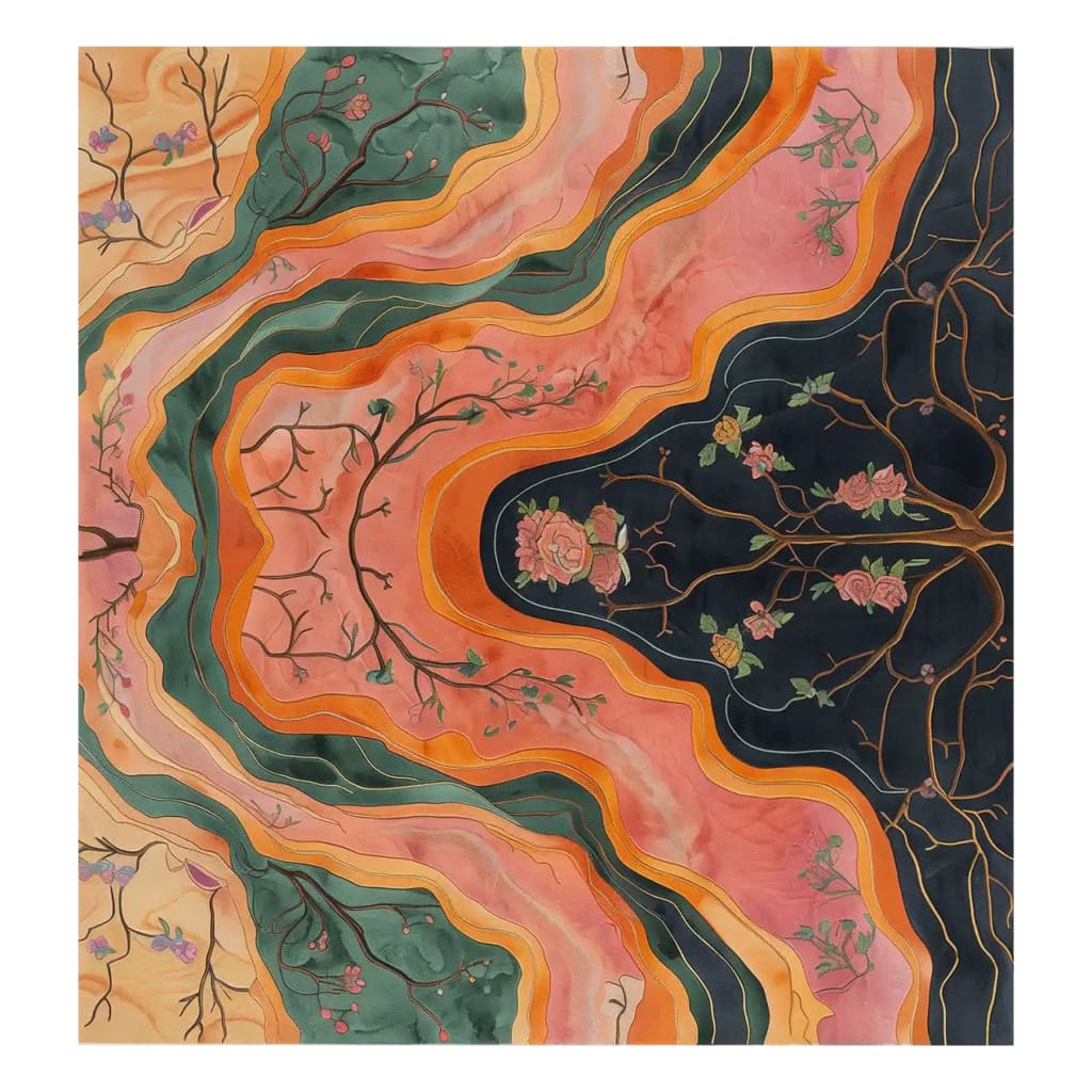 Top view of an Abstract Artistry Hand Tufted Wool Rug featuring intricate patterns in vibrant colors. This area rug showcases floral and branch designs in hues of orange, green, and pink, perfect for adding a touch of elegance to any room.
