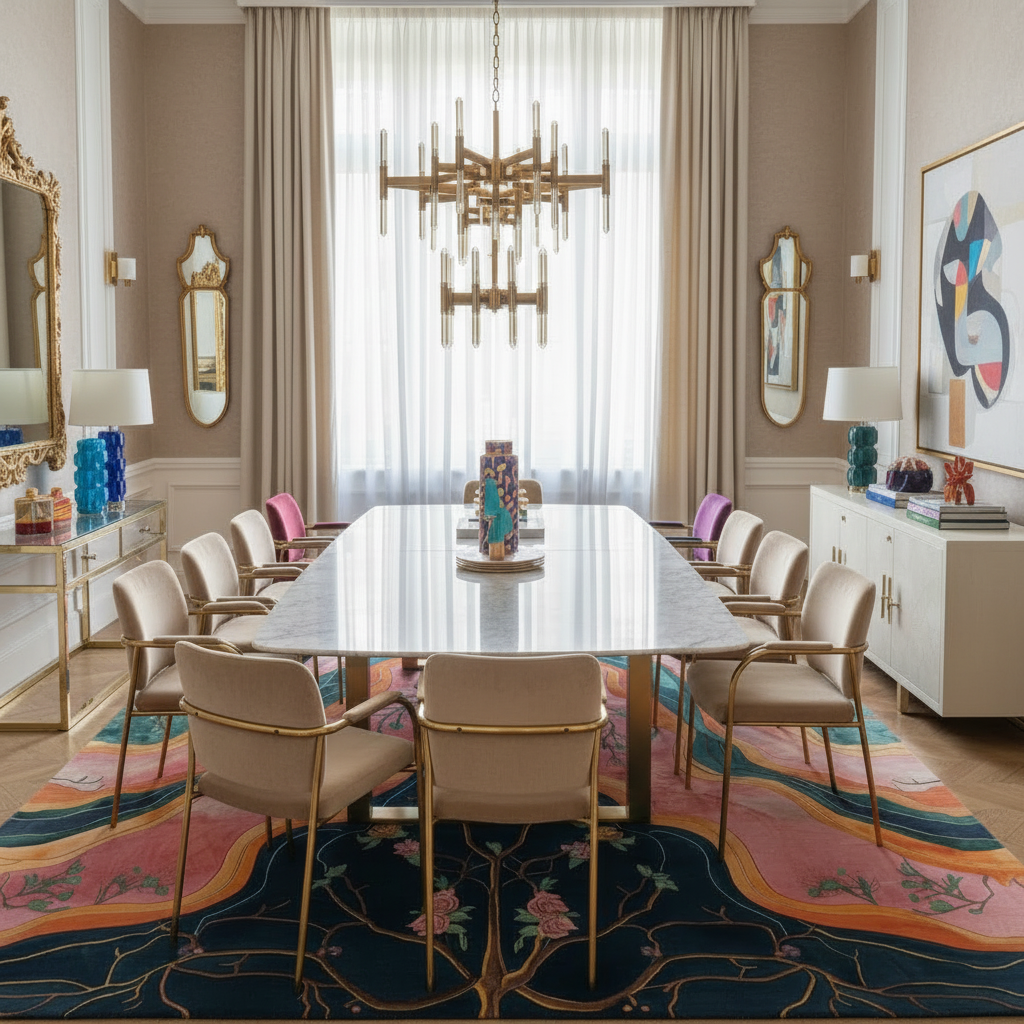 Dining room with a long table and chairs, colorful rug, and decorative elements.