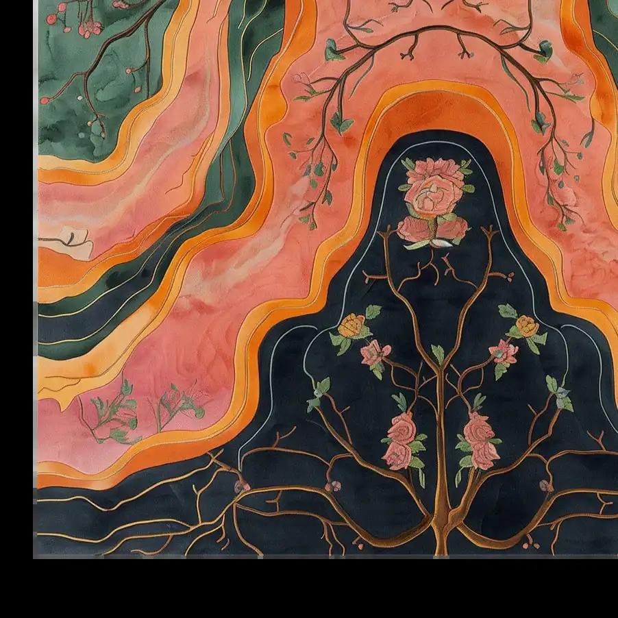 Colorful abstract area rug with floral patterns and vibrant orange, green, and black swirls, showcasing intricate hand-tufted wool design.