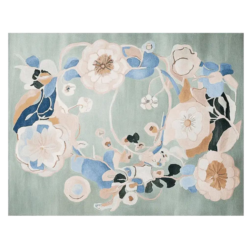 Top view of an Abstract Bloom Flow hand-tufted area rug, featuring a soft floral design in pastel colors. This large wool rug is perfect for adding an elegant touch to living rooms.